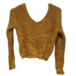 Iris Mustard Yellow Fuzzy Sweater Cropped Twist Back Soft Gold Plush Knit Sz M